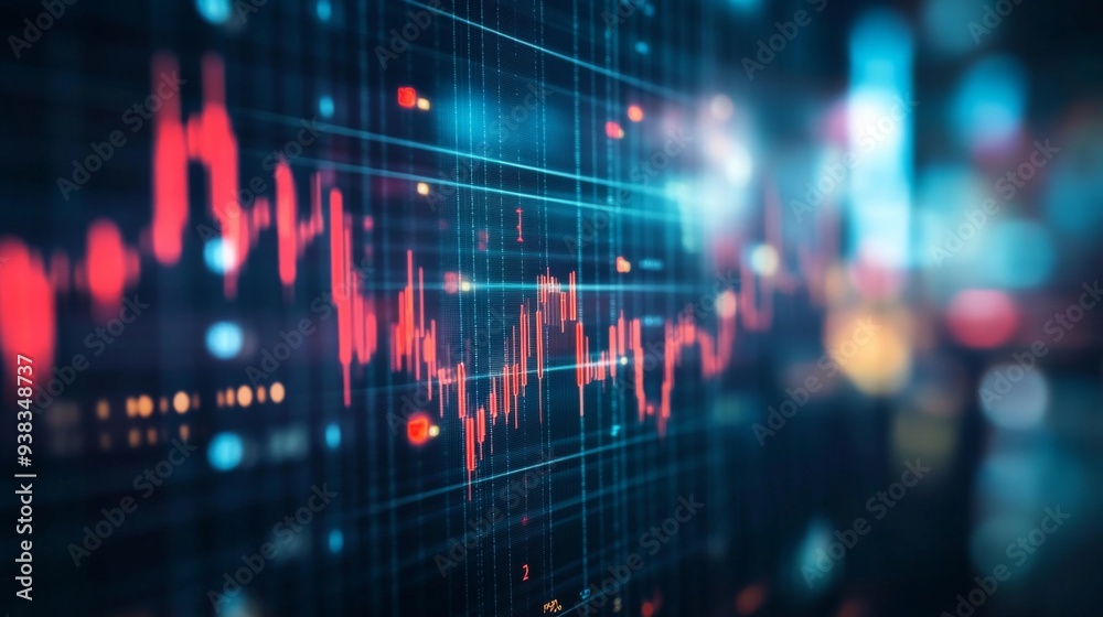 Close-up of a stock chart with dynamic candlestick patterns and fluctuating lines on a digital screen