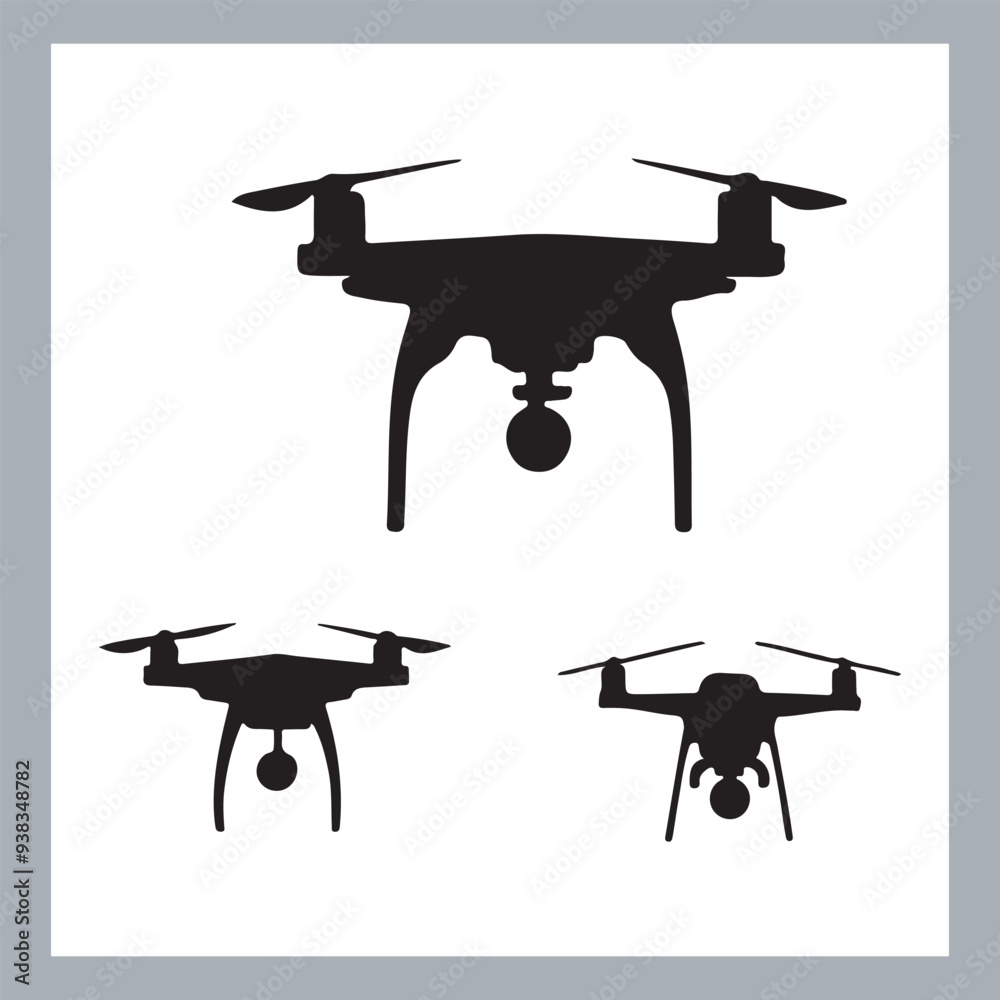 Drone quadcopter with camera black symbol, Black silhouette of military drone. Top, front and side view. Army aircraft for intelligence and attack, silhouette of a drone flying Drone quadcopter with camera black symbol, Black silhouette of military drone. Top, front and side view. Army aircraft for intelligence and attack, silhouette of a drone flying
