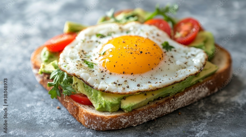 Avocado toast with fried egg on whole grain bread on a dark surface with fresh ingredients Avocado toast with fried egg on whole grain bread on a dark surface with fresh ingredients