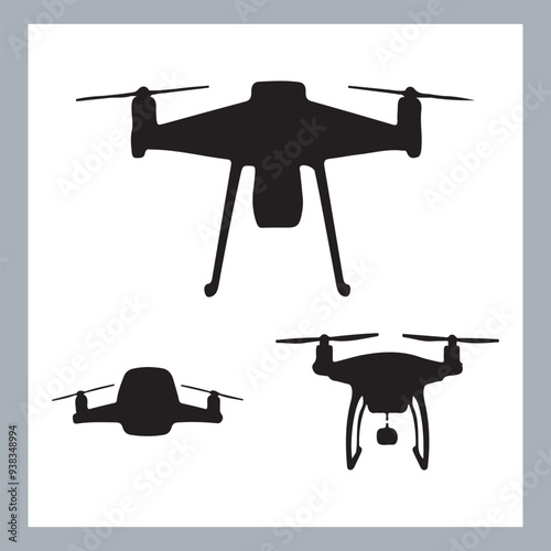 Drone quadcopter with camera black symbol, Black silhouette of military drone. Top, front and side view. Army aircraft for intelligence and attack, silhouette of a drone flying