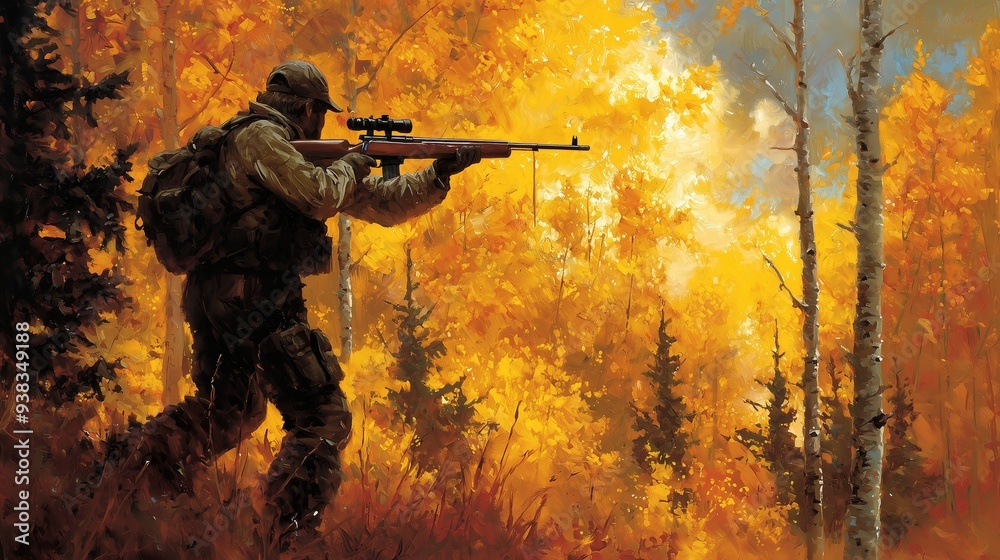 Silhouette of a hunter aiming rifle against vibrant autumn forest backdrop, golden foliage illuminated by sunlight creates dramatic contrast.