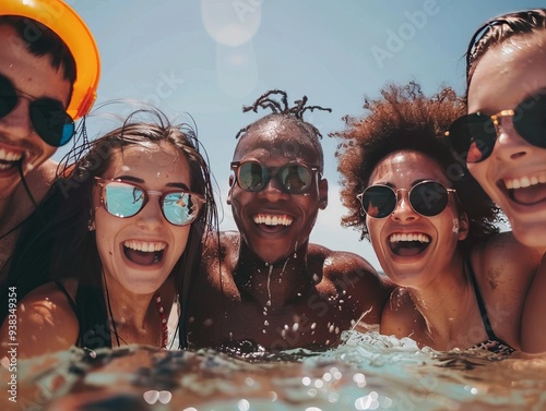 Group of multi ethnic friends, wearing eyeglasses, enjoying their summer vacation at the beach, swimming in sea and looking at camera, enjoying and having fun.