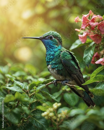 Hummingbird on a green branch in the wild. Hummingbird on a green branch in the forest.