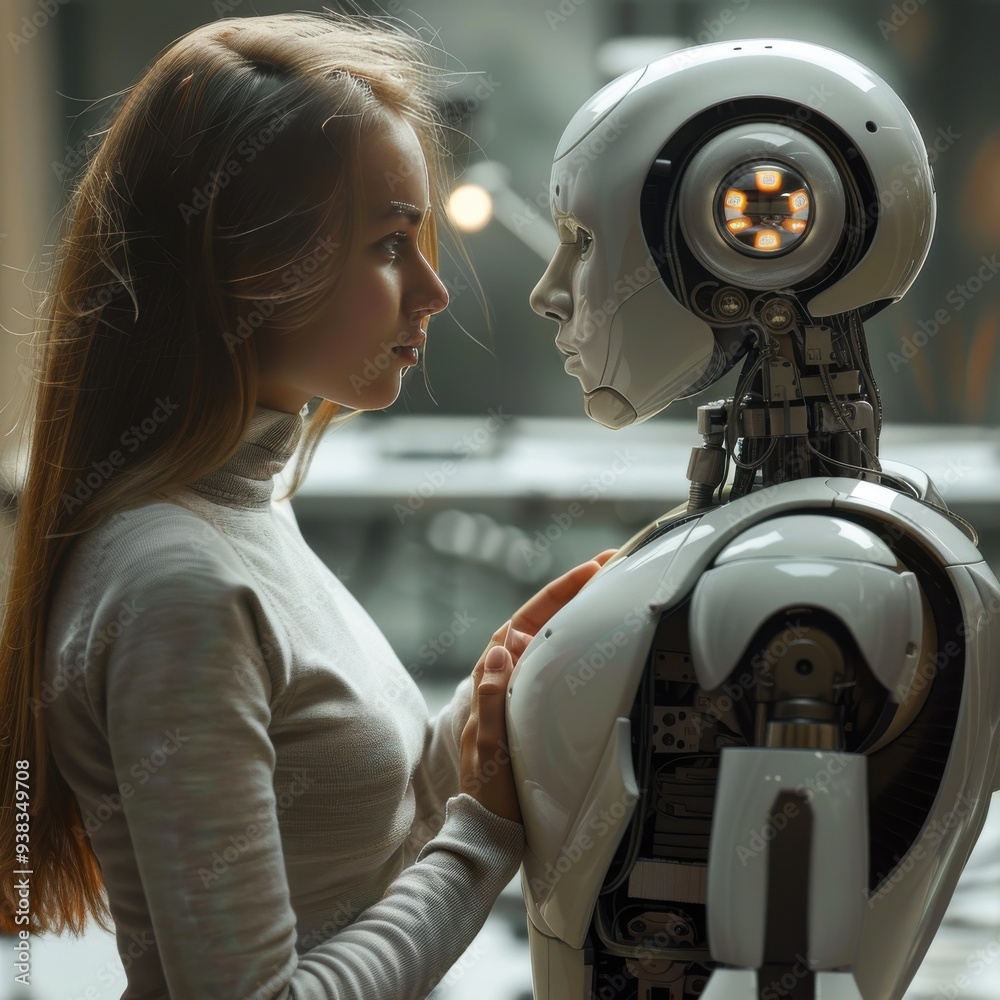 A Woman Gazing at a Humanoid Robot