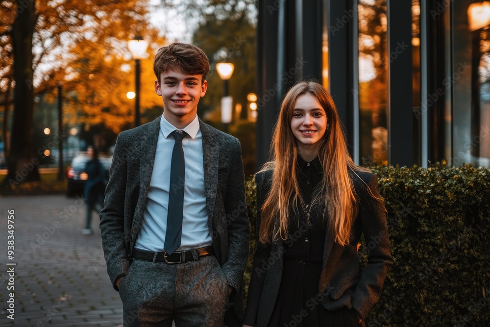 Fototapeta premium A charming evening stroll through a city park as two young friends dressed in elegant attire bask in the warm glow of autumn lights together