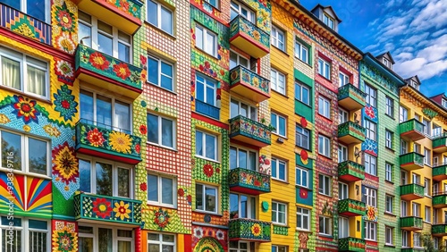 vibrant, real estate, construction, Colored decoration of a residential building in the Svetly Mir Residential complex located in the Lianozovo microdistrict on Ilimskaya Street Moscow