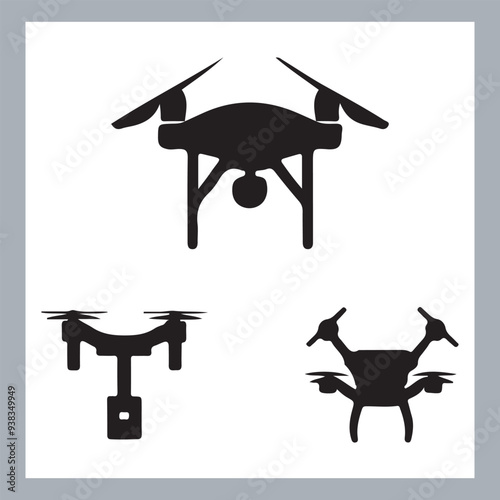 Drone quadcopter with camera black symbol, Black silhouette of military drone. Top, front and side view. Army aircraft for intelligence and attack, silhouette of a drone flying