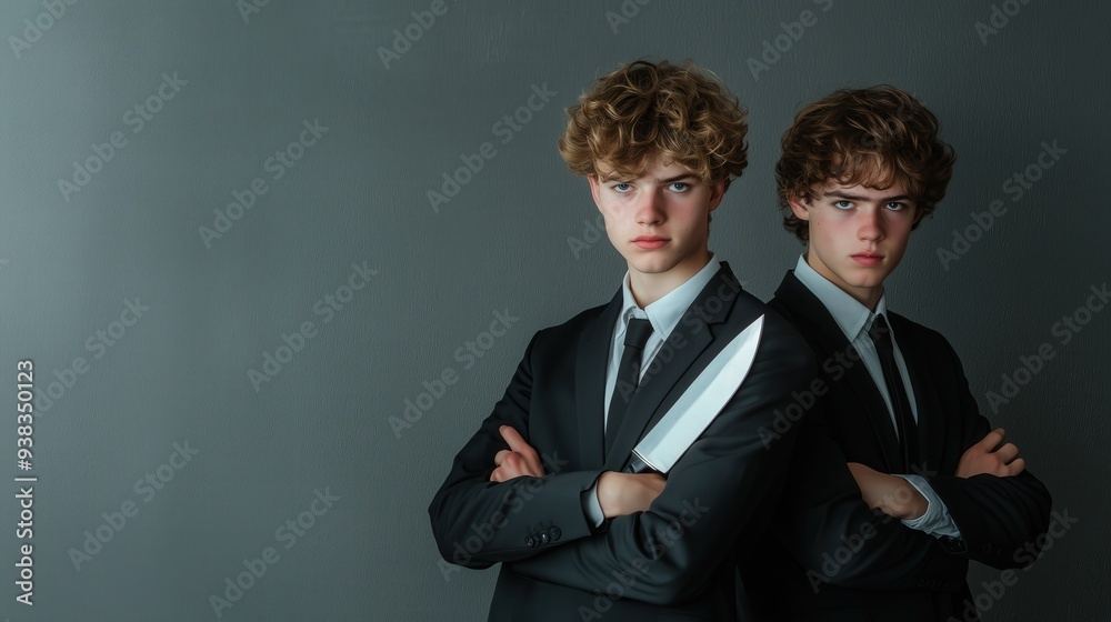 Businessmen Holding Knife Behind Another in Dark Setting. Rivals or frenemies Businessmen Holding Knife Behind Another in Dark Setting. Rivals or frenemies
