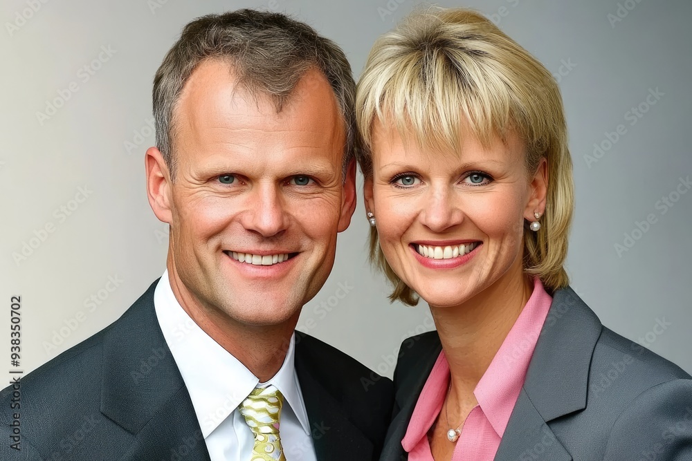 Two professionals posing together in a modern office setting, showcasing teamwork and partnership during a bright afternoon Two professionals posing together in a modern office setting, showcasing teamwork and partnership during a bright afternoon