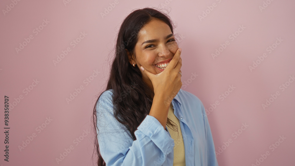 Young brunette woman smiling over a pink background, showcasing an attractive and happy expression in an isolated setting Young brunette woman smiling over a pink background, showcasing an attractive and happy expression in an isolated setting