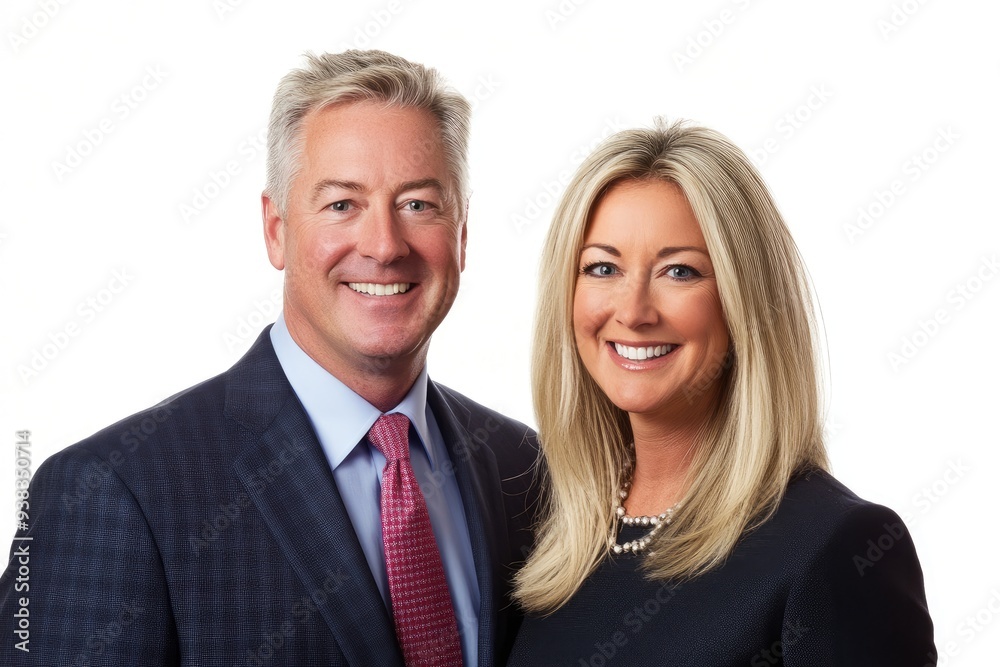 A professional couple poses confidently against a clean backdrop, showcasing their collaboration in a business environment during a bright day in a modern office A professional couple poses confidently against a clean backdrop, showcasing their collaboration in a business environment during a bright day in a modern office