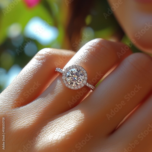 Close-Up of Woman's Hand with Diamond Engagement Ring Sparkling in Sunlight - High-Resolution Macro Photography