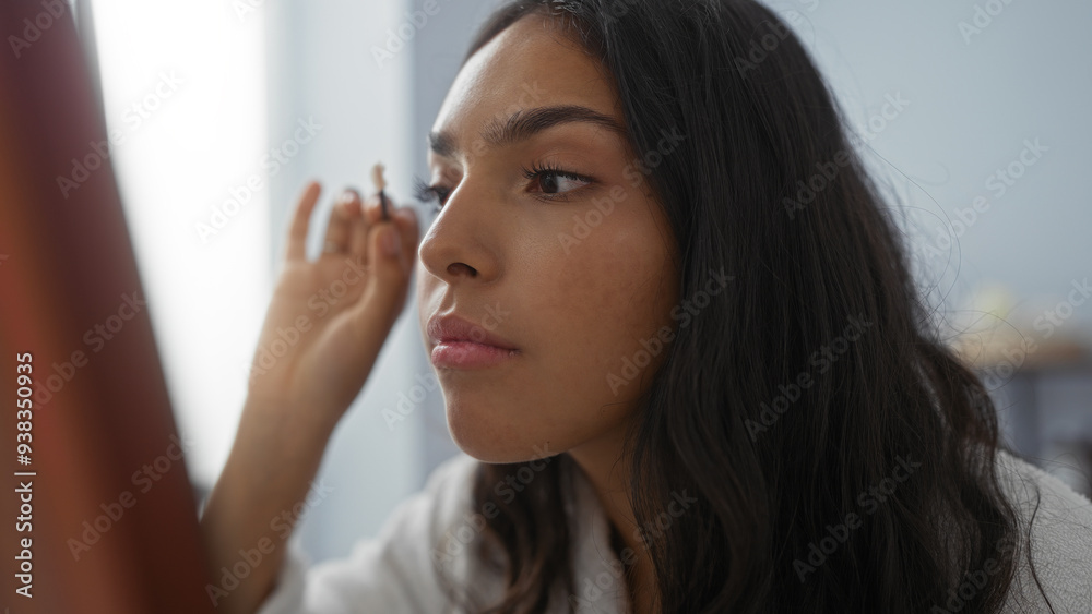 Young woman applying makeup in indoor spa room, focusing on her beauty routine in a serene and well-lit wellness setting Young woman applying makeup in indoor spa room, focusing on her beauty routine in a serene and well-lit wellness setting