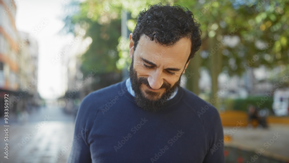 Handsome middle-aged man smiling gently while standing outdoors on a sunny, tree-lined city street. Handsome middle-aged man smiling gently while standing outdoors on a sunny, tree-lined city street.