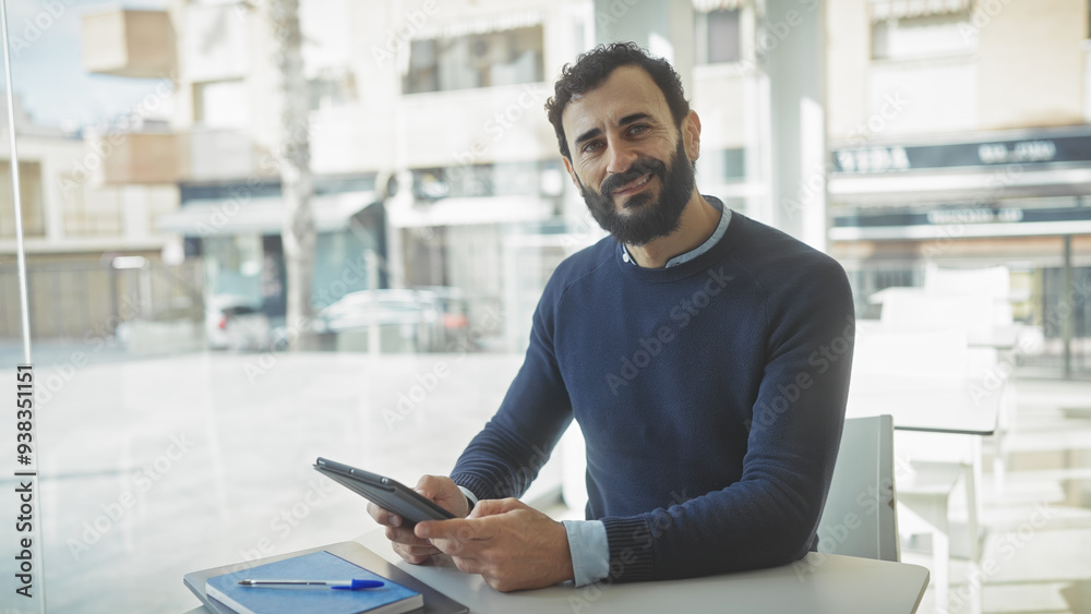Handsome bearded man using tablet in a light-filled modern office space Handsome bearded man using tablet in a light-filled modern office space
