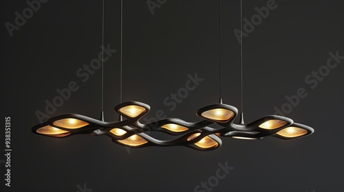 Contemporary chandeliers, linear shapes, soft light, rendered in realistic hyper-detail styles, dark gray and light amber, Ultra HD images, tonalism photo