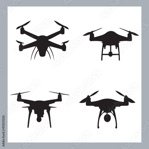 Drone quadcopter with camera black symbol, Black silhouette of military drone. Top, front and side view. Army aircraft for intelligence and attack, silhouette of a drone flying