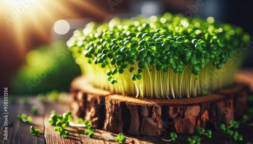 close-up view of fresh microgreens, vibrant green sprouts, healthy superfood, organic gardening, morning sunlight, shallow depth of field, wooden background, bokeh effect, nature's vibrant colors, hig photo