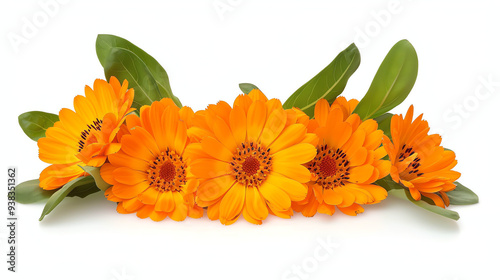 Three bright orange marigold flowers with green leaves are on a white background.