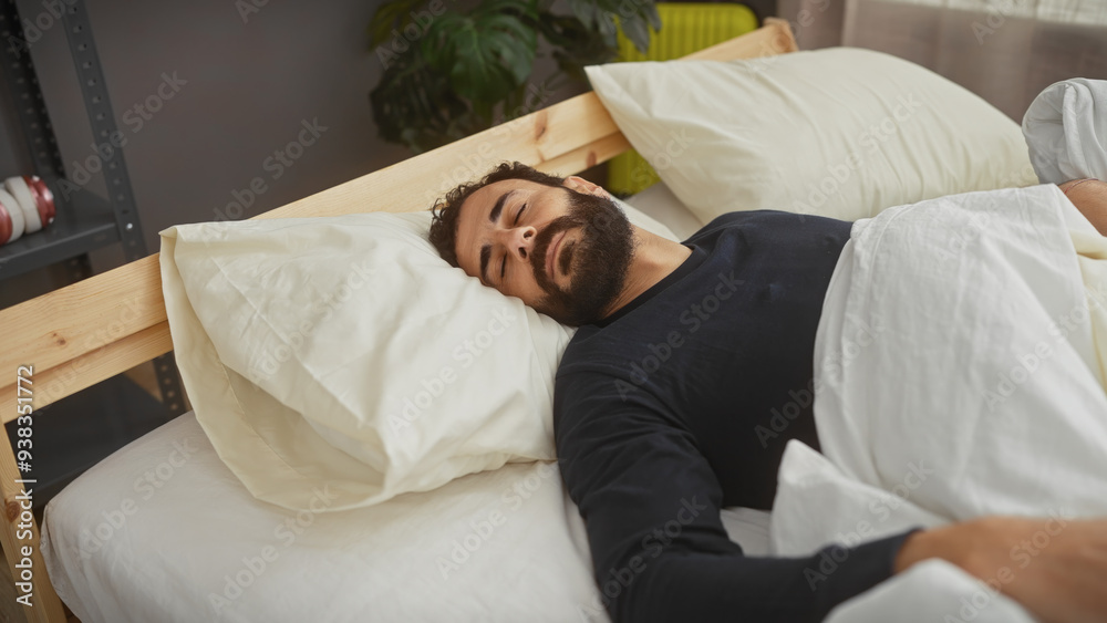 A man with a beard sleeps peacefully in a bedroom, representing rest and tranquility in an indoor setting.