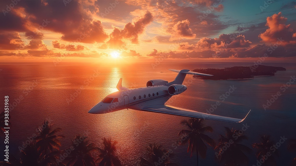 Naklejka premium sleek private jet soaring over lush tropical island golden sun rays piercing through cotton candy clouds silhouetted palm trees swaying in breeze turquoise ocean below
