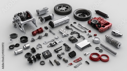 different car parts, laying on a plain transparent background, png format, 4k quality, 3D, PHOTO REALISTIC, ariel shot angle, various types of car parts