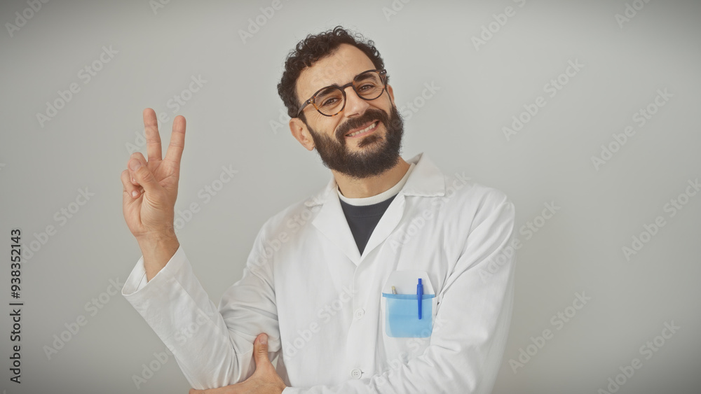 Smiling bearded man in lab coat making peace sign against white background Smiling bearded man in lab coat making peace sign against white background