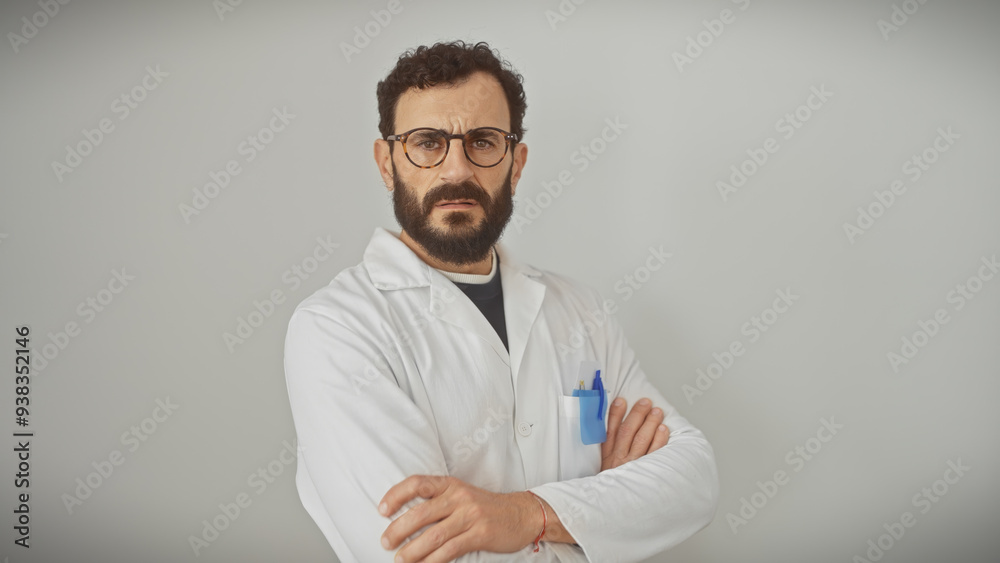 A middle-aged bearded man in a white lab coat with arms crossed stands against an isolated white background. A middle-aged bearded man in a white lab coat with arms crossed stands against an isolated white background.