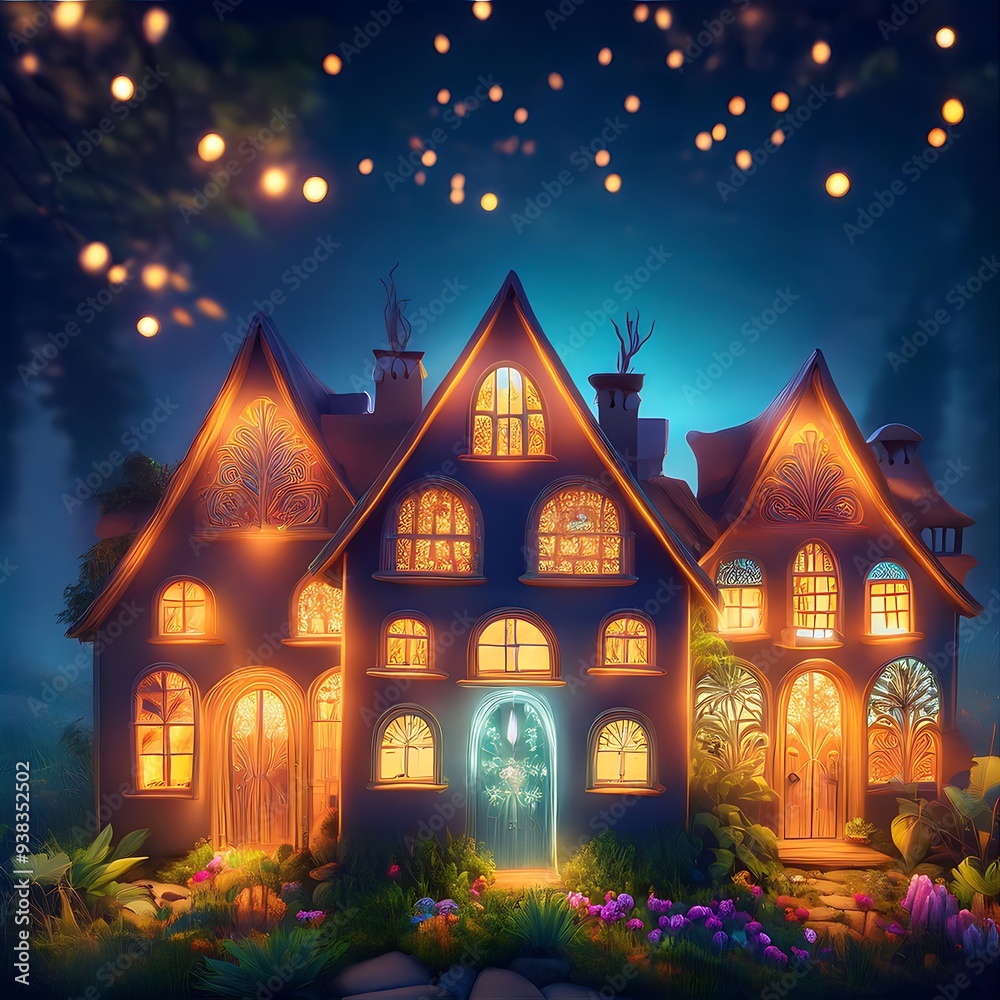 Fantasy Village With Radiant Lights Illustration Fantasy Village With Radiant Lights Illustration