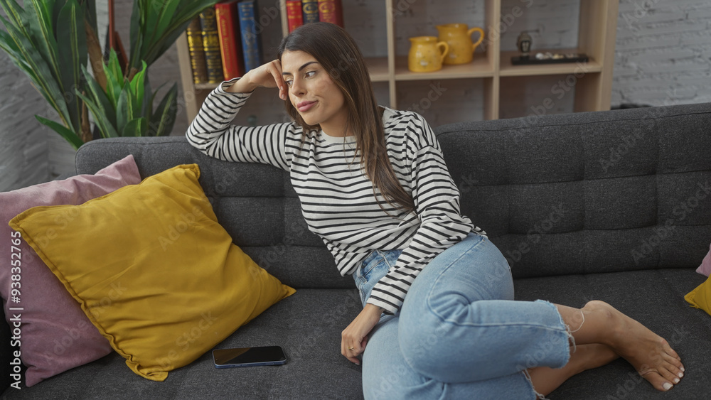 Obraz premium A thoughtful young hispanic woman lounges casually at home on a gray sofa surrounded by colorful cushions and a cozy interior.