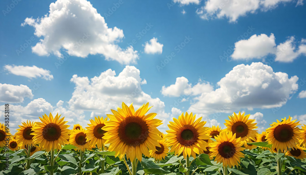 A field of blooming sunflowers under a bright blue sky with fluffy white clouds, Sunflowers under the blue sky, Field of giant yellow sunflowers in full bloom A field of blooming sunflowers under a bright blue sky with fluffy white clouds, Sunflowers under the blue sky, Field of giant yellow sunflowers in full bloom