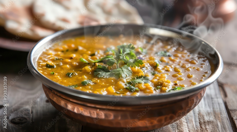 Steaming bowl of lentil soup with cilantro garnish, served with bread. Steaming bowl of lentil soup with cilantro garnish, served with bread.