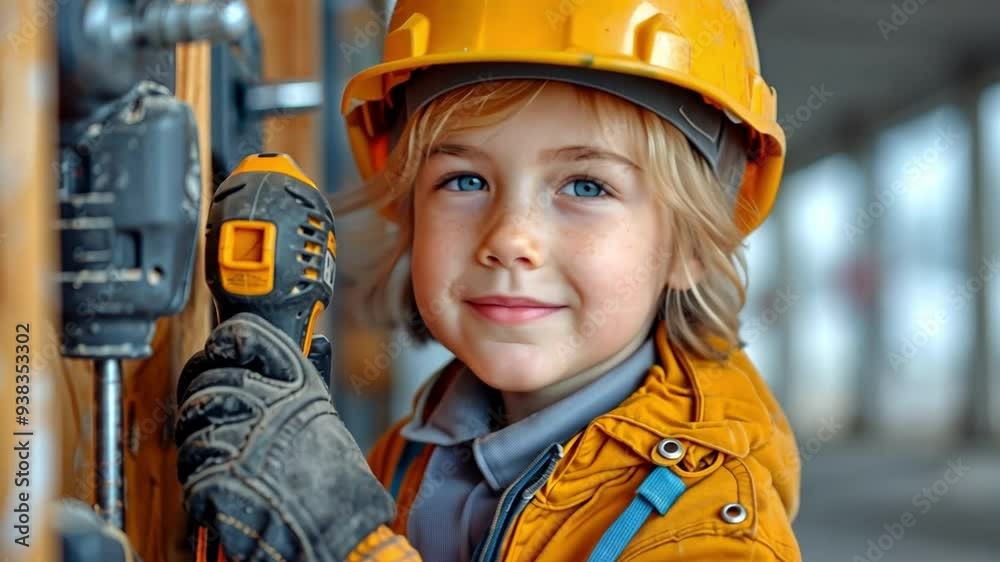Child wearing a safety helmet using a power drill at home during remodelling