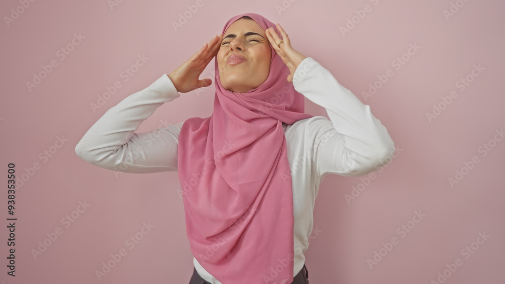 Stressed young hispanic woman in pink hijab against a pink wall depicting headache or anxiety. Stressed young hispanic woman in pink hijab against a pink wall depicting headache or anxiety.