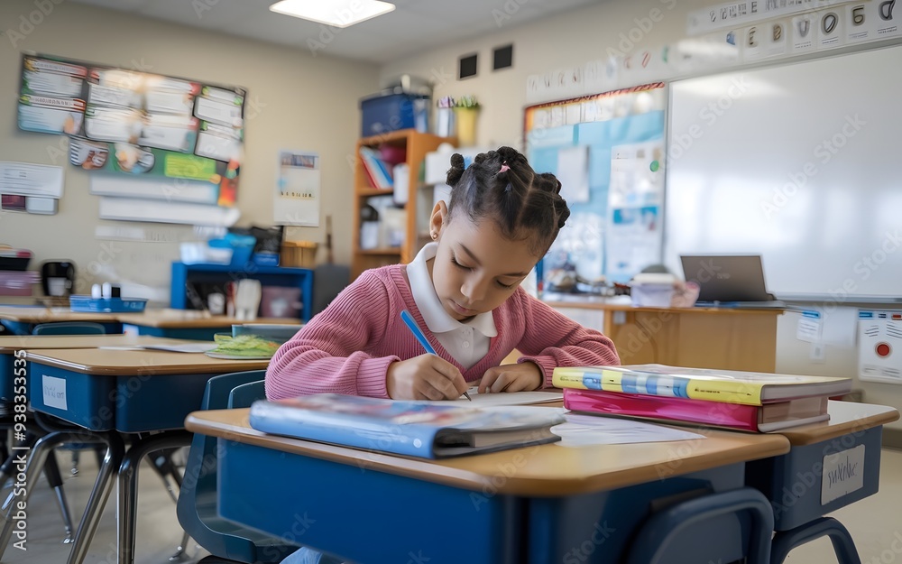 A photo of a focused young girl writing in a classroom setting. She is sitting at a desk and is wearing a pink sweater and a white shirt. A photo of a focused young girl writing in a classroom setting. She is sitting at a desk and is wearing a pink sweater and a white shirt.