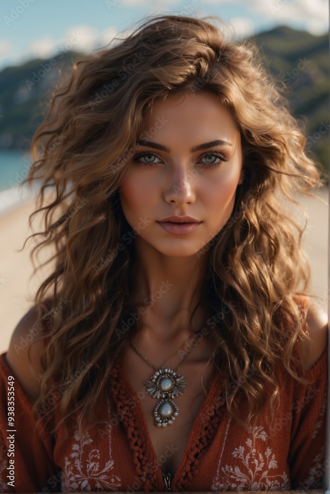 Young Woman Enjoying a Beach Day with Wavy Hair and Stylish Necklace Young Woman Enjoying a Beach Day with Wavy Hair and Stylish Necklace