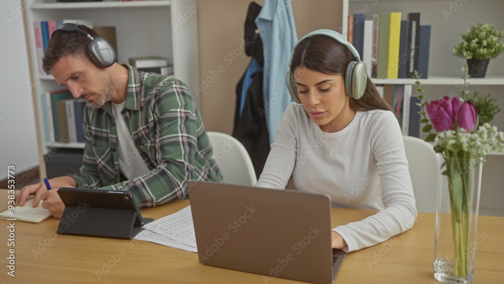 A man and woman in headphones focus on their work with a laptop and tablet in a modern living room. A man and woman in headphones focus on their work with a laptop and tablet in a modern living room.