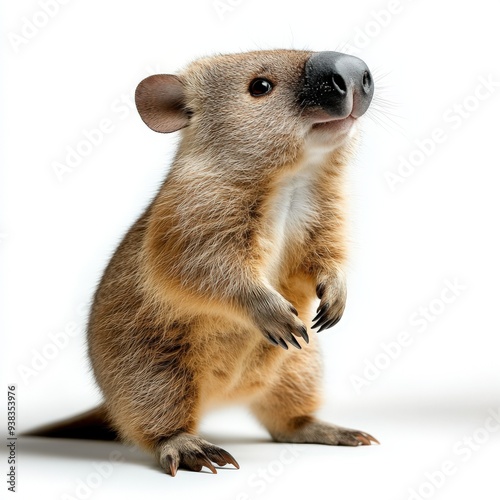 A cute and curious wombat standing upright, showcasing its fuzzy coat and endearing expression against a white background. photo