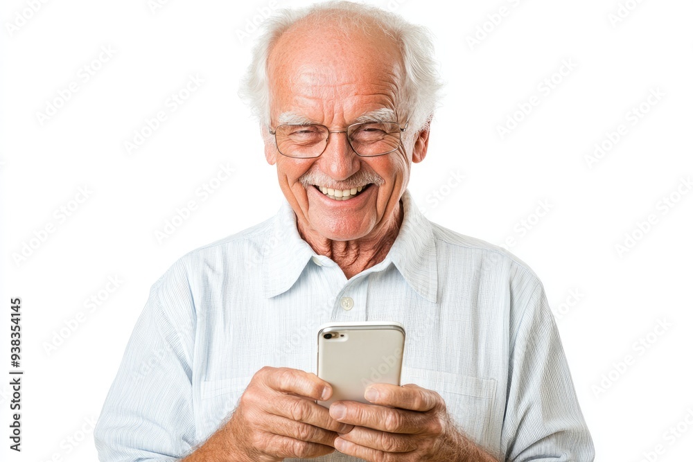 Joyful elderly man laughing while using a smartphone, immersed in technology during a sunny afternoon in a bright and modern room Joyful elderly man laughing while using a smartphone, immersed in technology during a sunny afternoon in a bright and modern room