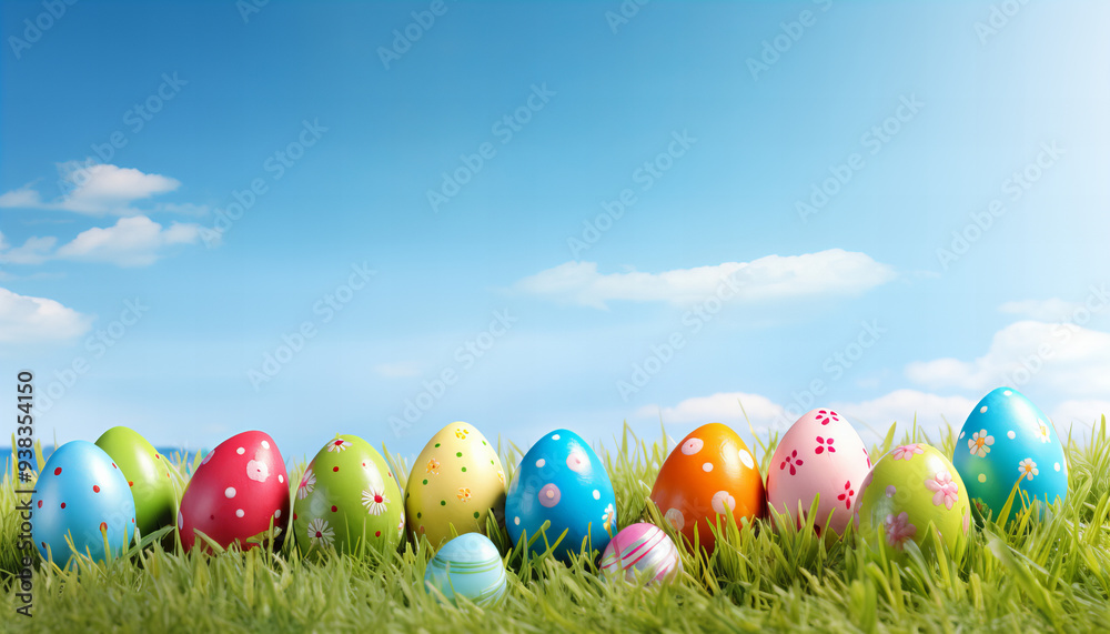 Colorful Easter Eggs lying in beautiful green gras on a sunny day - Generativ AI Colorful Easter Eggs lying in beautiful green gras on a sunny day - Generativ AI