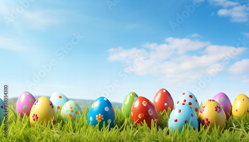 Colorful Easter Eggs lying in beautiful green gras on a sunny day - Generativ AI