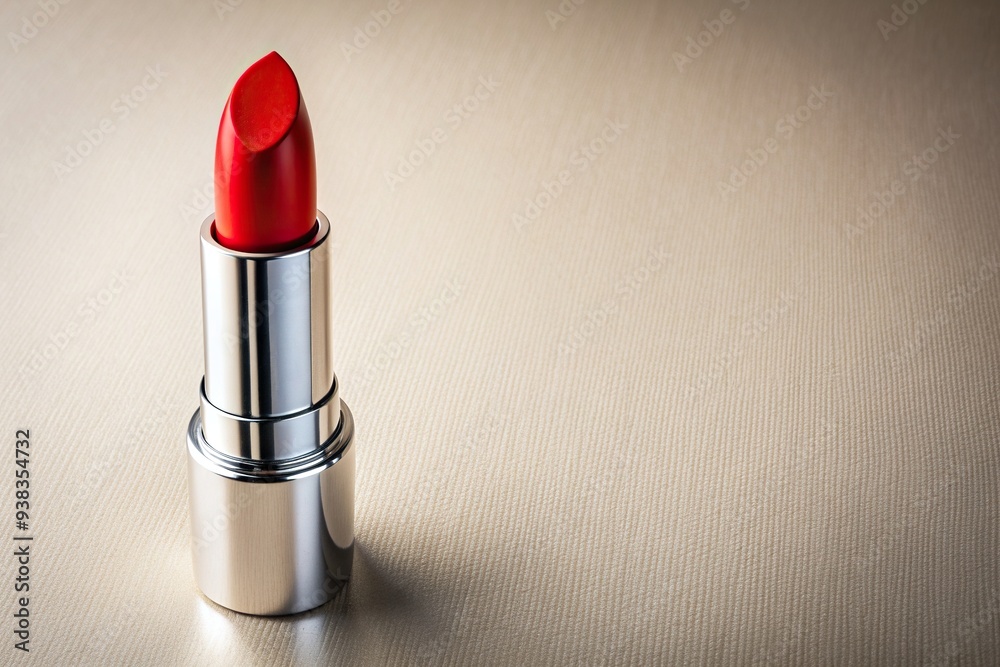 sleek, light background,red lipstick, elegance, A vibrant red lipstick enclosed in a sleek metallic casing elegantly placed on a light colored background seen from a high angle sleek, light background,red lipstick, elegance, A vibrant red lipstick enclosed in a sleek metallic casing elegantly placed on a light colored background seen from a high angle