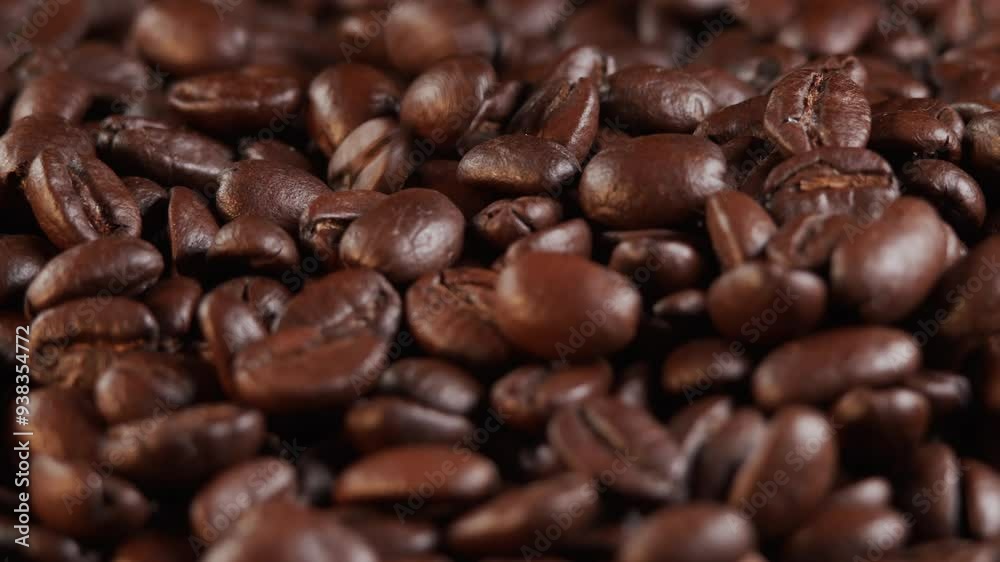 Roasted coffee beans dolly shot. Aromatic coffee beans move slowly. Slide slow motion close-up of whole roasted coffee beans. Roasted coffee beans dolly shot. Aromatic coffee beans move slowly. Slide slow motion close-up of whole roasted coffee beans.
