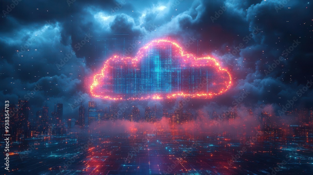 surreal floating cloud server farm glowing data streams futuristic cityscape background blue holographic interface surreal floating cloud server farm glowing data streams futuristic cityscape background blue holographic interface