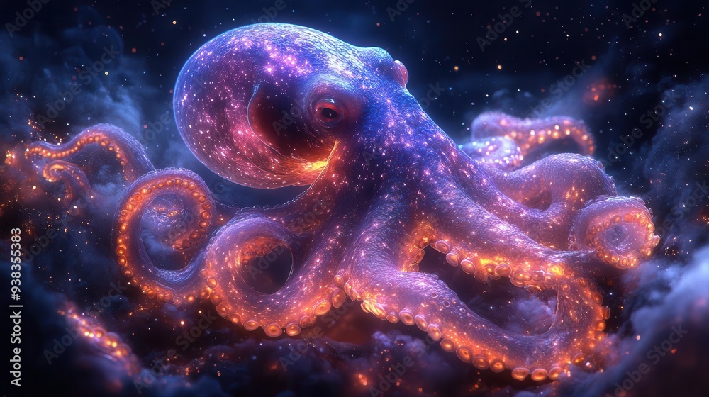 Fototapeta premium surreal octopus floating in starry cosmos tentacles intertwined with nebulae bioluminescent skin glows against deep space background