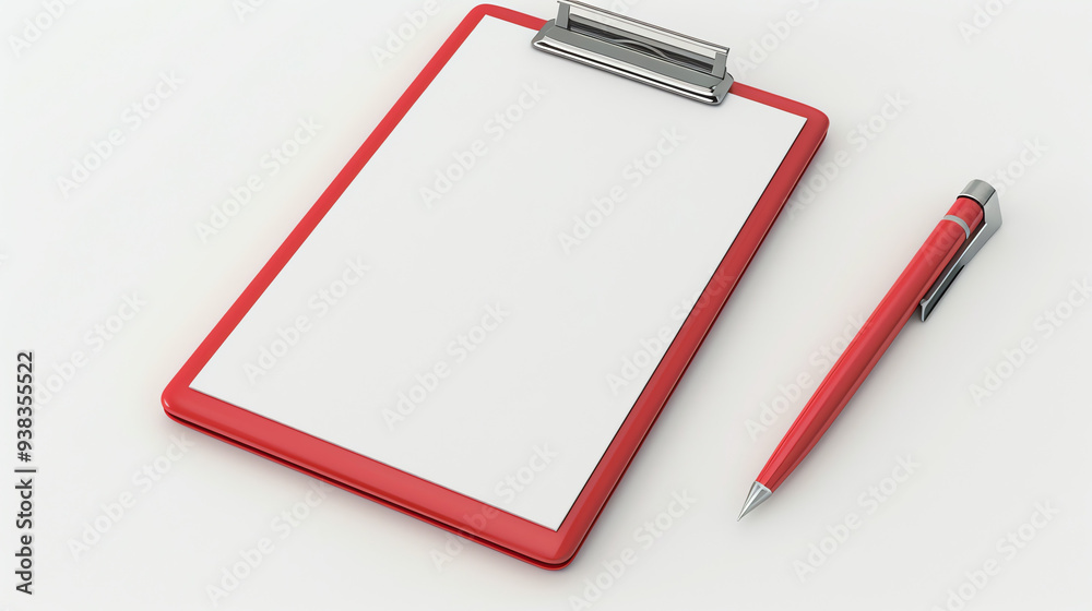 A red clipboard with a blank sheet of paper and a red pen.

