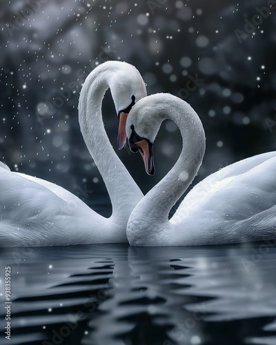 Two white swans kissing and making the shape of a heart on a lake.  photo