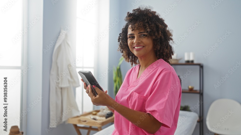 Woman smiling holding smartphone in modern indoor spa room with wellness products wearing a pink uniform Woman smiling holding smartphone in modern indoor spa room with wellness products wearing a pink uniform