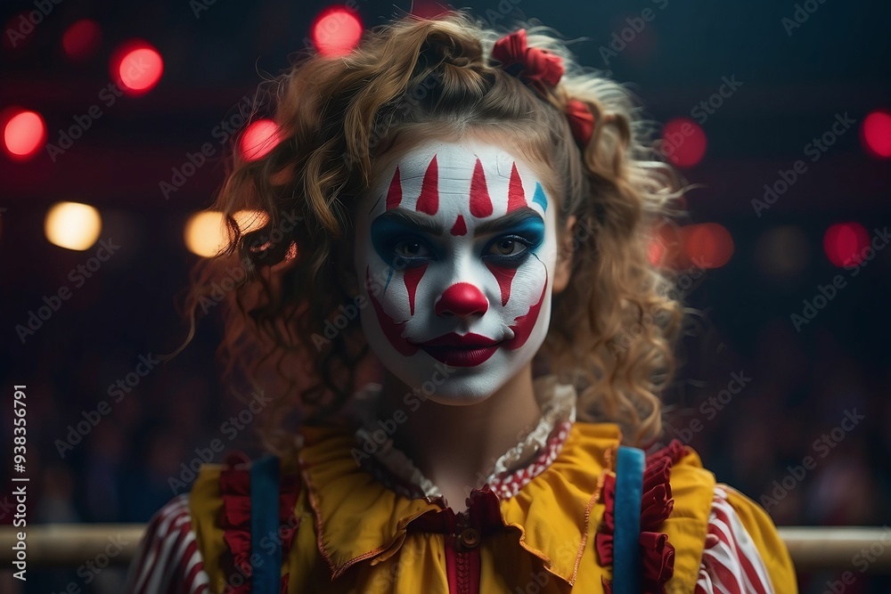 Young red haired woman dressed in a clown costume. Circus performer clown magician showman in retro costume miracle time. Portrait of a clown with a mask Young red haired woman dressed in a clown costume. Circus performer clown magician showman in retro costume miracle time. Portrait of a clown with a mask