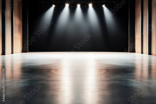 Wallpaper Mural A dimly lit stage featuring spotlight beams and polished flooring, ideal for performances and presentations. Torontodigital.ca